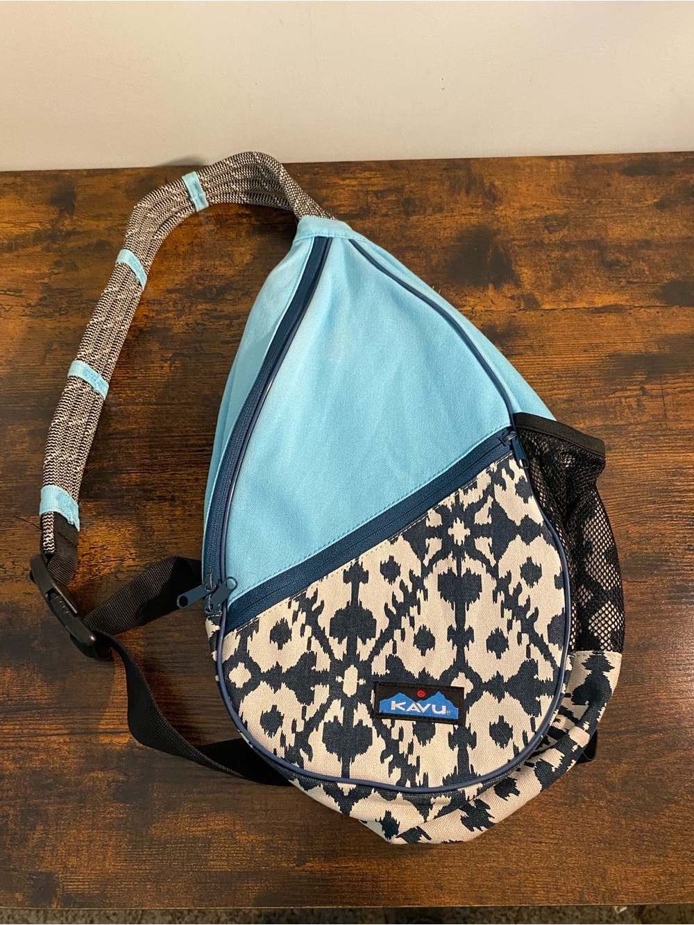 Kavu Light Blue and Navy Patterned Sling Bag
